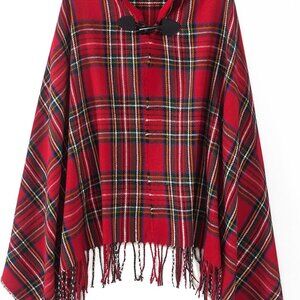 Women's Vintage Plaid Knitted Tassel Poncho Shawl Cape Button Cardigan